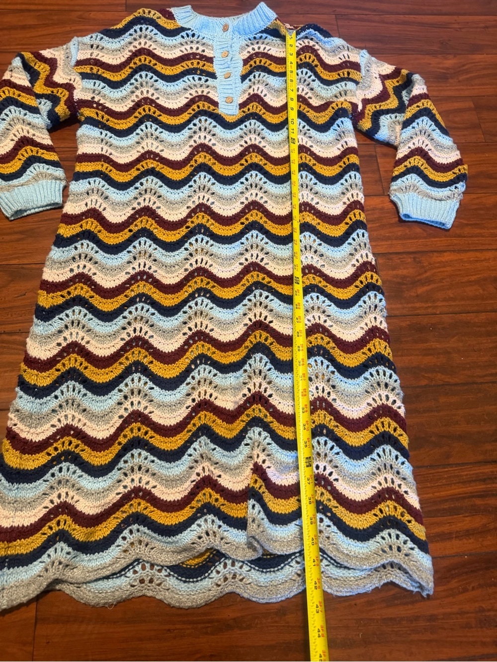 Callahan Multicolor Chevron Knit Sweater Dress in Light Blue, Burgundy, Mustard - Picture 6 of 8